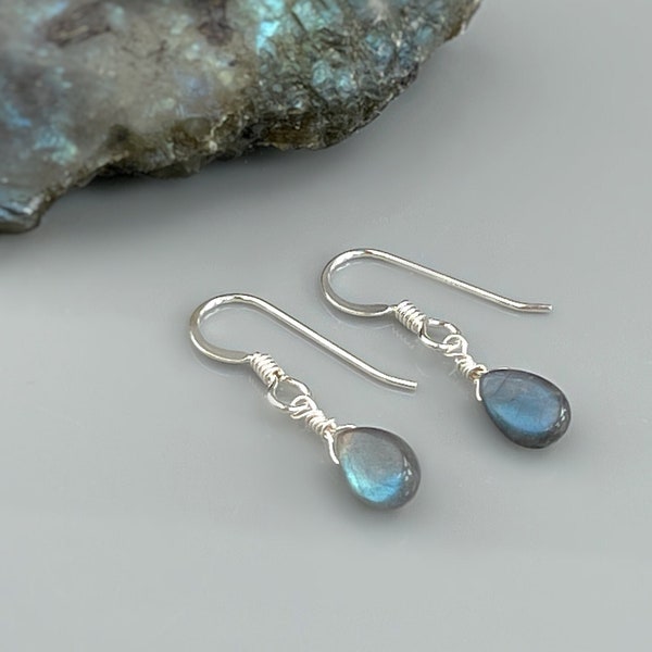 Dainty Labradorite earrings Sterling Silver, 14k Gold fill Tiny tear drop dangle earrings Dangly Handmade crystal Jewelry rose gold Ear Wire