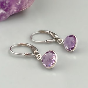 Amethyst earrings dangle Dainty Handmade Jewelry for women Sterling Silver Dangly Leverback Purple Amethyst tear drops gift for wife