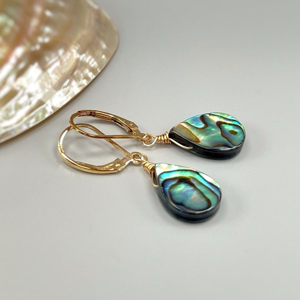 Abalone Shell Earrings handmade dangle drop 14k Gold, Sterling Silver Summer Jewelry iridescent abalone minimalist jewelry for beach wedding