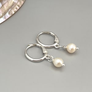 Tiny Pearl Huggie Hoop Earrings, Sterling Silver Handmade Earrings Dangle drop everyday sleeper lightweight earrings for women, gift for her