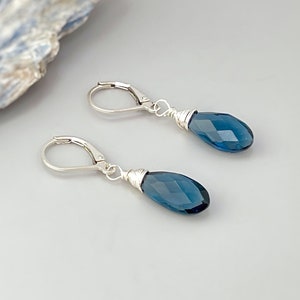 London Blue Topaz Quartz earrings dangle, Sterling Silver, Gold Fill, rose gold Handmade jewelry dark Blue Topaz Leverback Dangly earrings