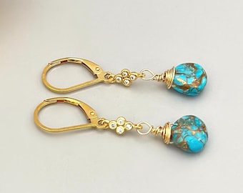 Copper Turquoise Gemstone earrings dangle 14k Gold, Silver leverback dangly earrings handmade blue  gemstone jewelry gift for wife, mom