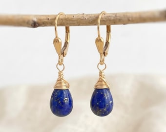 Lapis Earrings Leverback 14k Gold Dangling Teardrop Blue Gemstone Dangle Earrings Everyday Minimalist Handmade Lapis Lazuli Jewelry
