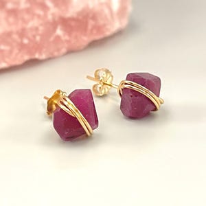 Raw Ruby Earrings Handmade Ruby Stud earrings 14k Gold Fill, Silver, Rose Gold minimalist dainty raw gemstone natural ruby post earrings
