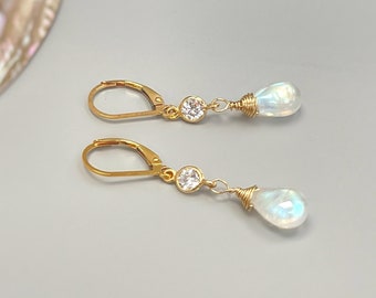 Crystal Moonstone earrings dangle, 14k Gold fill dangly tear drop boho handmade blue crystal jewelry for women, bridesmaids gift for wife