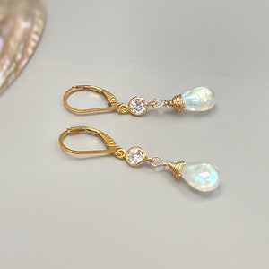 Crystal Moonstone earrings dangle, 14k Gold fill dangly tear drop boho handmade blue crystal jewelry for women, bridesmaids gift for wife