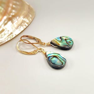 May include: A pair of teardrop-shaped earrings featuring iridescent abalone shell inlays set in gold-toned metal. The earrings are attached to gold-toned lever-back hooks, showcasing a swirling pattern of green, blue, and black colours within the shell.