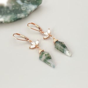 Moss Agate Earrings Dangle Rose Gold crystal dangly silver, gold, handmade boho jewelry dainty raw gemstone crystal earrings, gift for mom
