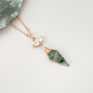 Moss Agate Necklace Rose Gold, crystal handmade gemstone pendant gold, sterling silver green gemstone jewelry layering necklace for women