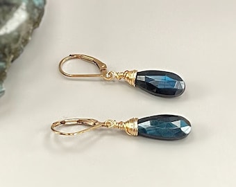 Labradorite Earrings Dangle 14k Gold Sterling Silver Dark Blue Flash gemstone artisan dangle earrings handmade labradorite jewelry leverback