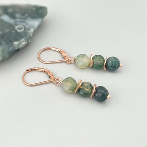 Moss Agate Earrings Dangle Rose Gold, Sterling Silver Green Gemstone Earrings long elegant handmade customizable dangly earrings for women