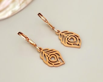 Peacock Feather Earrings dangle Rose Gold, silver, gold Bird Jewelry unique gift nature lover bird watcher handmade jewelry for mom, sister