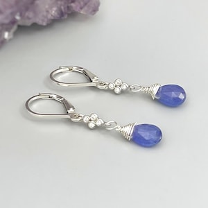 Tanzanite earrings dangle Sterling Silver, Rose Gold, 14k Gold, dangly boho dainty Purple crystal jewelry for women, December gift for wife