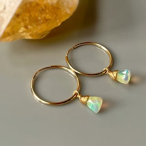 Gold Opal Hoop earrings set 14k Gold Dangly Opal huggie earrings dainty bridal earrings opal gold hoops gift for wife