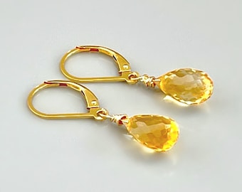 Citrine earrings 14k Gold Sterling Silver Minimalist Dangly Handmade Citrine Jewelry Elegant Gemstone Lever backs Solid Gold dangle