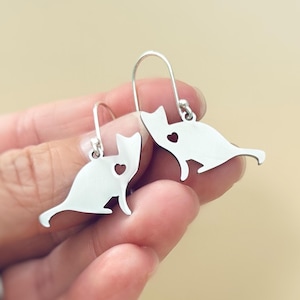Cat Earrings dangle silver handmade animal jewelry unique whimsical fun gift for kitten kitty lovers, vets, mom, sister, bff grandma