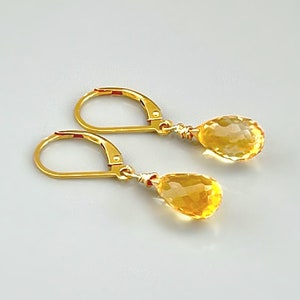Citrine earrings 14k Gold Sterling Silver Minimalist Dangly Handmade Citrine Jewelry Elegant Gemstone Lever backs Solid Gold dangle