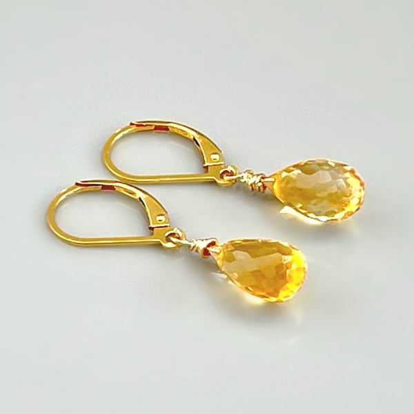 Citrine earrings 14k Gold Sterling Silver Minimalist Dangly Handmade Citrine Jewelry Elegant Gemstone Lever backs Solid Gold dangle