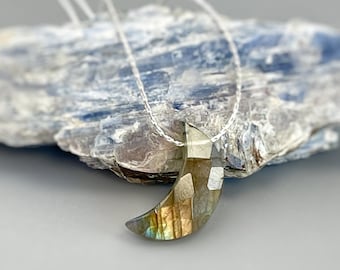 Labradorite Moon Necklace Sterling Silver, 14k Gold Dainty Crescent Moon Pendant Handmade Minimalist Layering Celestial Jewelry for women