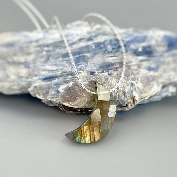 Labradorite Moon Necklace Sterling Silver, 14k Gold Dainty Crescent Moon Pendant Handmade Minimalist Layering Celestial Jewelry for women