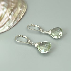 Green Amethyst earrings Dangle Sterling Silver, Rose 14k Solid Gold sage green Prasiolite Gemstone drop earrings Handmade Jewelry gift