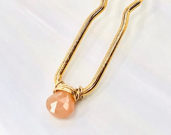 Gold Hair Pin Peach Moonstone Bridal Hair Pin, Gold Gemstone Rose Gold Bobby Pin bridesmaids gift for wife, girlfriend Moonstone Jewelry