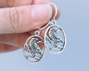 Raven Earrings dangle silver huggie hoops handmade witchy black crow bird jewelry spooky gothic dark academia Halloween accessories for her