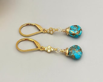 Turquoise Gemstone earrings dangle 14k Gold, Silver leverback dangly earrings handmade blue copper gemstone jewelry gift for wife, mom