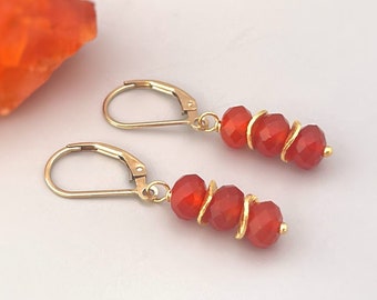 Carnelian Earrings dangle, 14k gold, sterling silver boho dangly orange red gemstone lightweight everyday jewelry for women July Birthstone