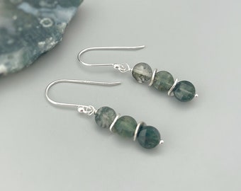 Dangly Moss Agate Earrings, Sterling Silver Green Gemstone Earrings Green long elegant handmade dangle  earrings for women tree agate