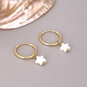 Mother of Pearl Star Earrings Huggie Hoops dangle 14k Gold Sterling Silver handmade shell, Summer, beach jewelry gift for sister, friend