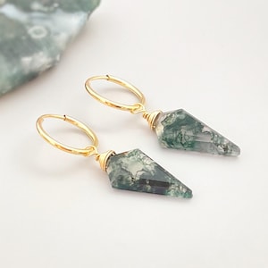 Moss Agate Earrings Dangle  14k Gold Fill Huggie Hoops Sterling Silver  Rose Gold Handmade jewelry dainty raw gemstone crystal earrings gift