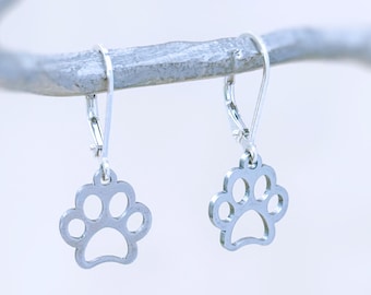 Silver Paw Print Dog Earrings dangle Hoops handmade animal jewelry gift for dog moms animal lovers veterinarians and vet techs
