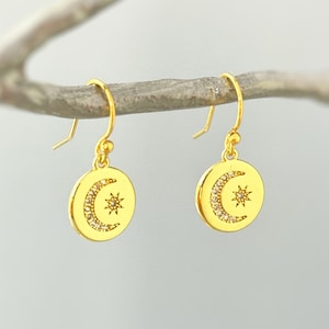 Crystal Crescent Moon Celestial Earrings dangle drop gold handmade boho jewelry sparkly north star earrings gift for her, wife, mom daughter
