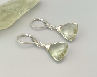 Green Amethyst Gemstone earrings Dangle Sterling Silver, Rose 14k Solid Gold sage green Prasiolite Birthstone drop earrings Handmade Jewelry