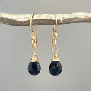 Minimalist Black Onyx Earrings dangle 14k Gold, Silver lightweight everyday teardrop boho handmade gemstone dangly drop earrings for women