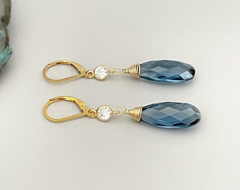 London Blue Topaz Quartz earrings dangle, sparkling crystal 14k Gold Fill Handmade jewelry for women dark Blue Topaz Leverback Dangly drops