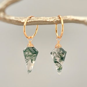 Moss Agate Earrings Dangle Rose Gold Huggie Hoops Sterling Silver Handmade jewelry 14k Gold Fill dainty raw gemstone crystal earrings