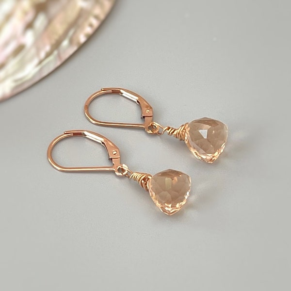 Dainty Morganite earrings dangle Rose Gold, 14k gold, Sterling Silver, Dainty tear drop crystal Quartz dangly pink peach gemstone jewelry