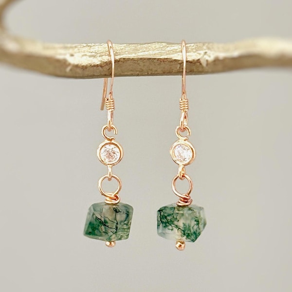 Dangly Moss Agate Earrings dainty raw gemstone crystal earrings Rose Gold, Sterling Silver, 14k Gold Handmade jewelry gift 14k Gold Fill