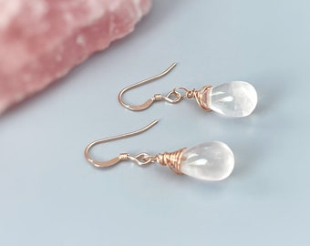 Rose Quartz Earrings Dangle Rose Gold, Sterling Silver Dangling smooth teardrop soft pink gemstone Handmade January birthstone jewelry gift