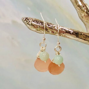 Peach Moonstone Dangly Earrings Sterling Silver Blue Opal gemstone Cluster earrings Artisan Handmade Teardrop multi gemstone drop earrings