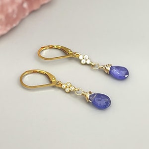 Tanzanite earrings dangle 14k Gold, Rose Gold, Sterling Silver dangly boho handmade Purple crystal jewelry for women, December gift for wife