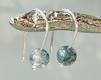Moss Agate dangle earrings Sterling Silver Minimalist Dainty Gemstone Tree Agate Earrings forest Green unique Earrings for women