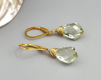 Green Amethyst earrings Dangle 14k Solid Gold, sterling Silver mint green Leverback Prasiolite Gemstone drop earrings Handmade Jewelry gift