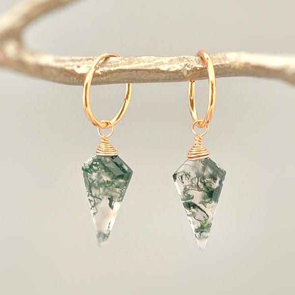 Moss Agate Earrings Dangle Rose Gold Huggie Hoops dangle Silver, Rose Gold Handmade jewelry 14k Gold  dainty green gemstone crystal earrings