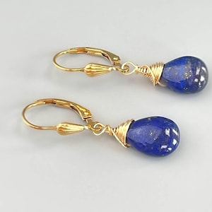 Lapis Earrings Leverback 14k Gold Dangling Teardrop Blue Gemstone Dangle Earrings Everyday Minimalist Handmade Lapis Lazuli Jewelry