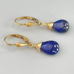 Lapis Earrings Leverback 14k Gold Dangling Teardrop Blue Gemstone Dangle Earrings Everyday Minimalist Handmade Lapis Lazuli Jewelry