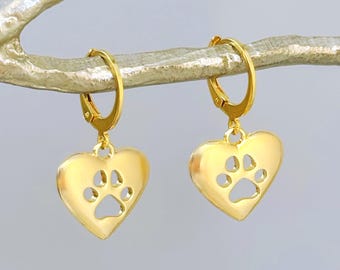 Gold Heart Cat Paw Print Earrings dangle Huggie Hoops handmade animal jewelry unique gift for cat moms animal lovers veterinarians vet techs
