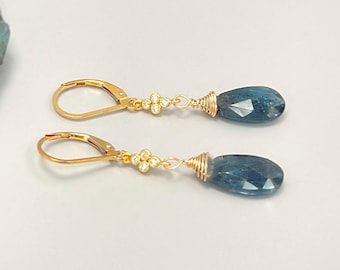 Moss Kyanite earrings dangle, Sterling Silver Crystal dangly boho unique handmade blue green crystal jewelry for women, gift for mom, wife